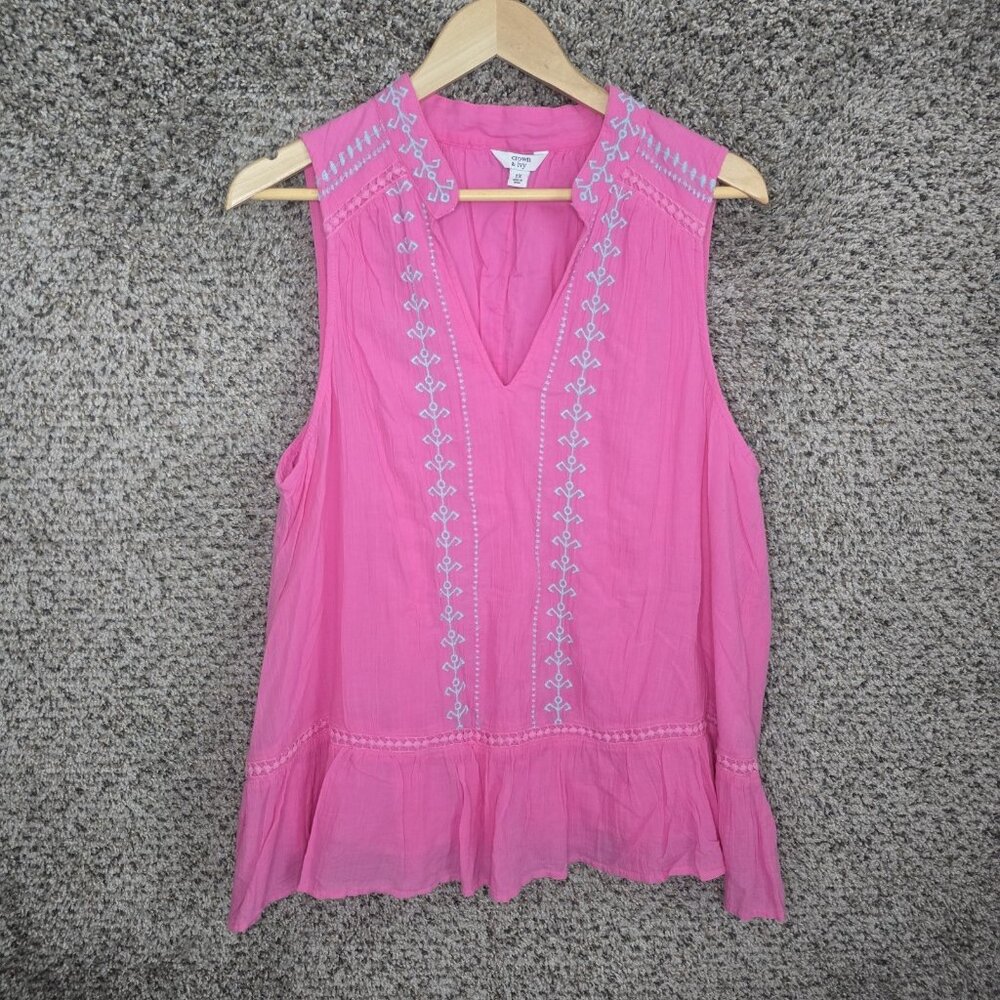 Crown & Ivy Top Womens Plus 1X Pink‎ Sleevless Embroidered Blouse Casual Ladies